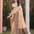Amazing Beige Assam Silk Pink Motif Print Work Saree for Women