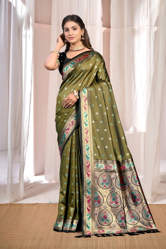 Distinctive Olive Green Soft Silk Saree Zari Weaving Work for Women