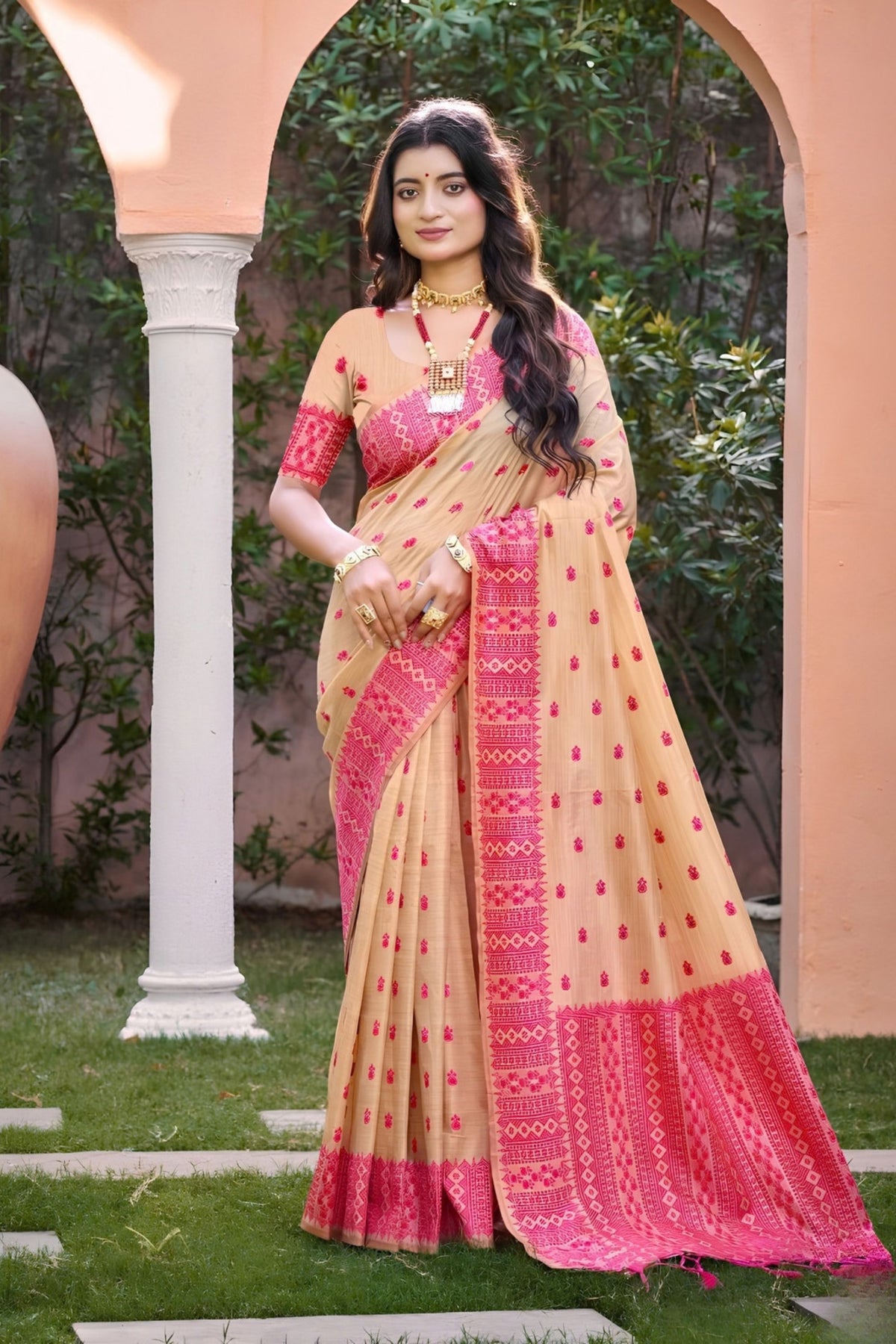 Amazing Beige Assam Silk Pink Motif Print Work Saree for Women