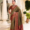 Graceful Olive Green Tissue Satin Saree with Multicolor Woven Border 