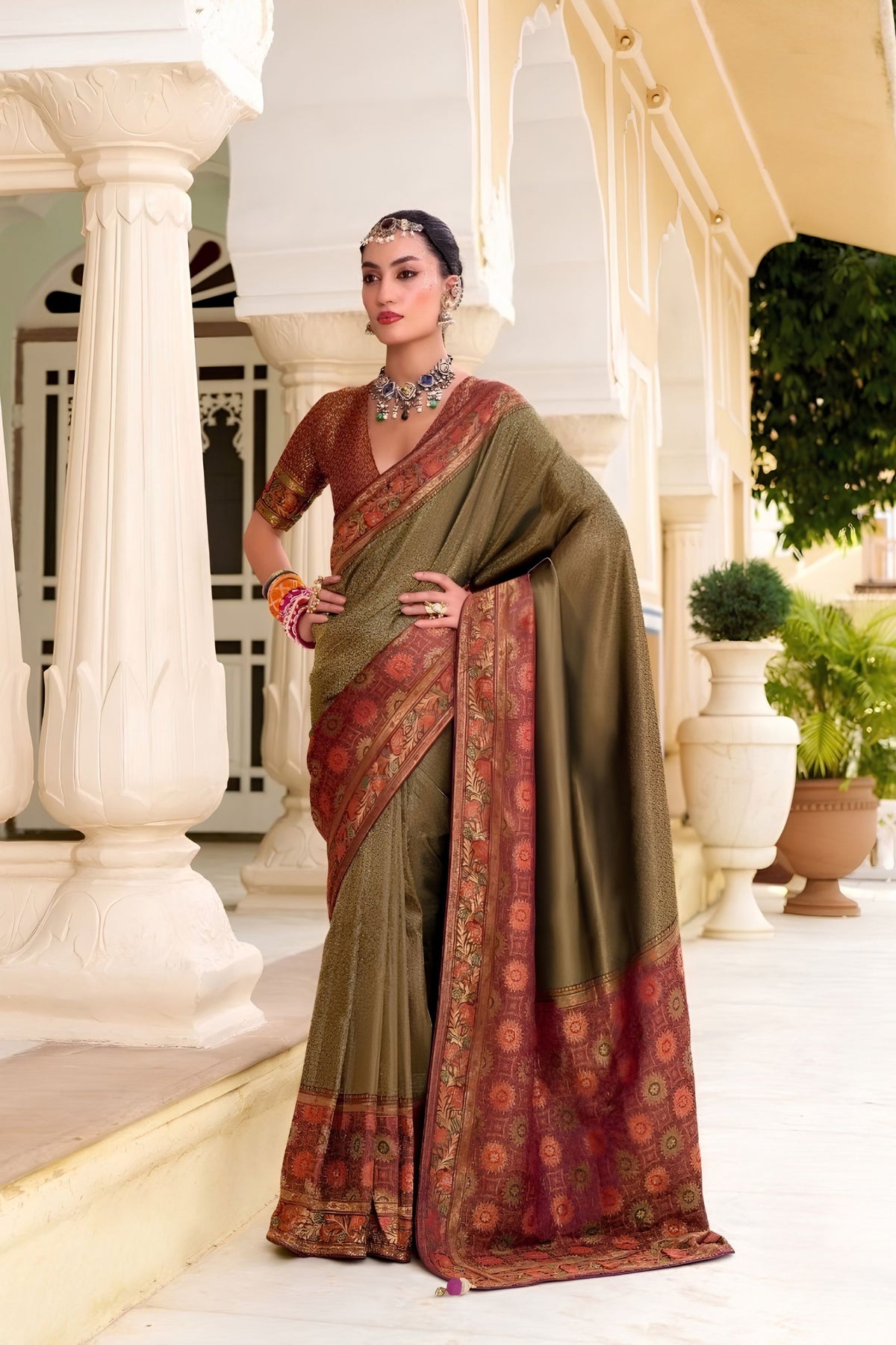 Graceful Olive Green Tissue Satin Saree with Multicolor Woven Border 