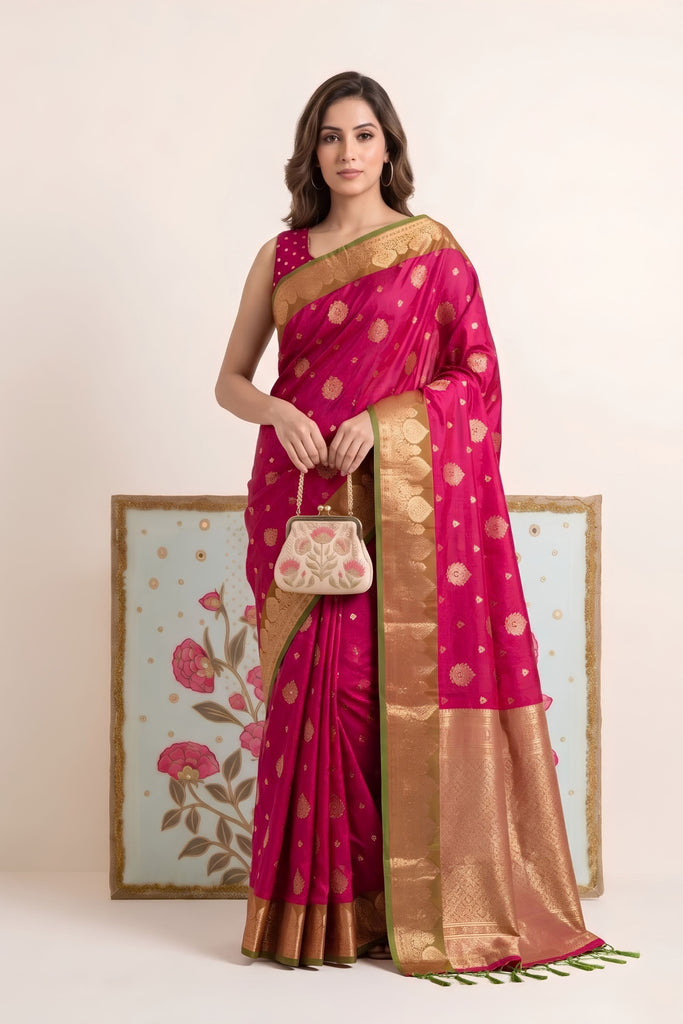 Beautiful Rani Pink Silk Saree Zari Weaving Pallu for Women