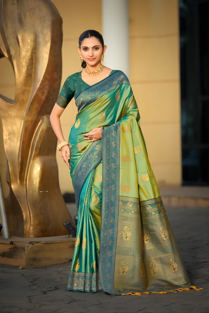 Graceful Sea Green Soft Silk Banarasi Saree Rich Zari Weaving Work