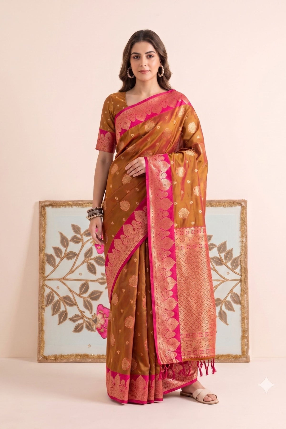 Luxury Mustard Brown Silk Saree Zari Weaving for Women