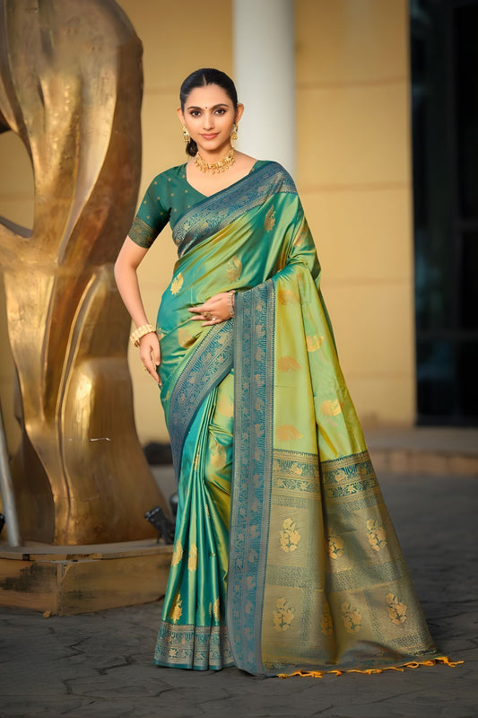 Graceful Sea Green Soft Silk Banarasi Saree Rich Zari Weaving Work