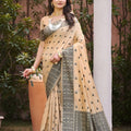 Adorable Beige Assam Silk Black Motif Print Work Saree for Women