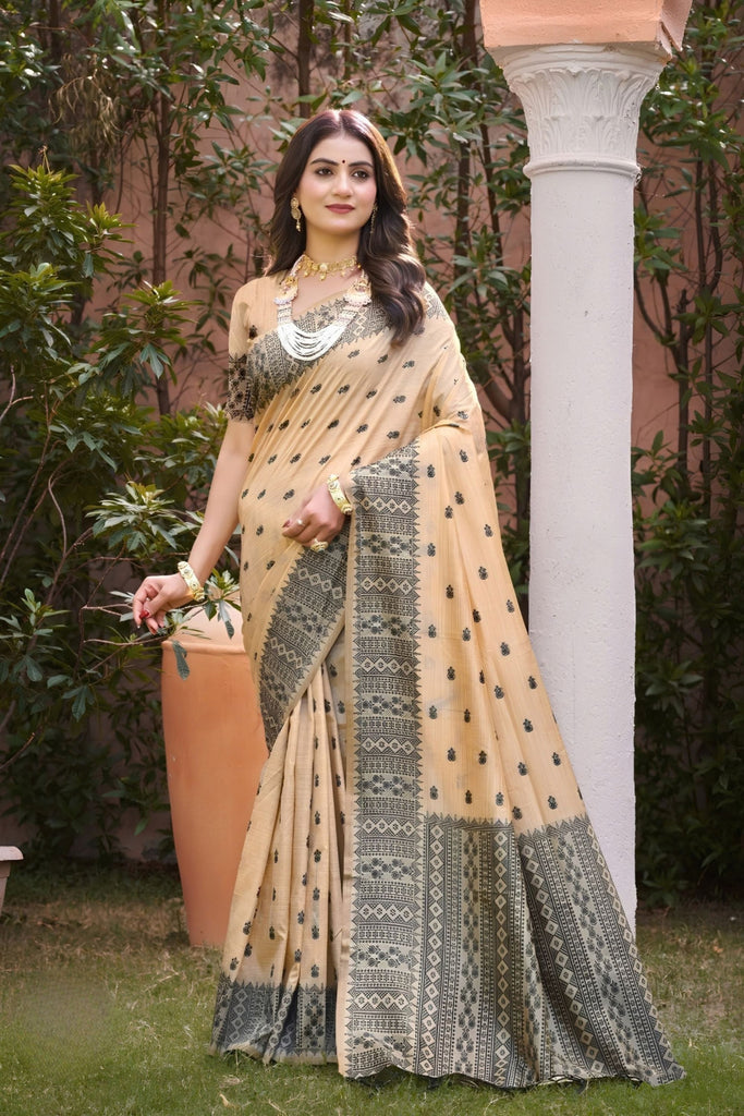 Adorable Beige Assam Silk Black Motif Print Work Saree for Women