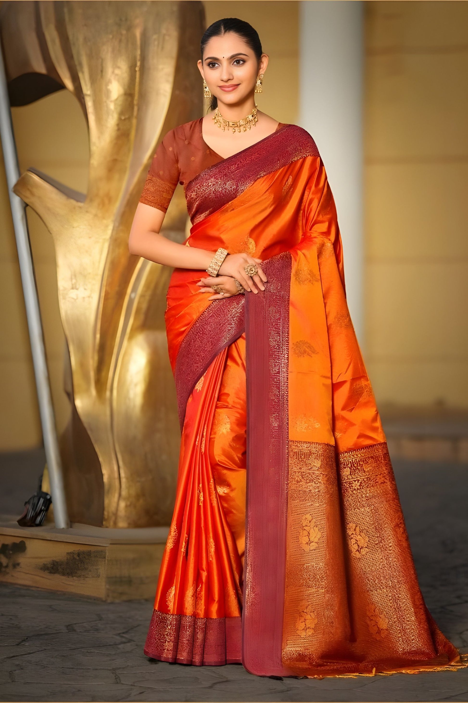 Amazing Orange Soft Silk Banarasi Saree Rich Zari Weaving Work