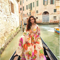 Elegant Cream Floral Printed Embroidered Chinon Silk Gown with Dupatta