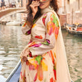 Elegant Cream Floral Printed Embroidered Chinon Silk Gown with Dupatta