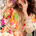 Elegant Cream Floral Printed Embroidered Chinon Silk Gown with Dupatta