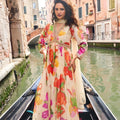 Elegant Cream Floral Printed Embroidered Chinon Silk Gown with Dupatta