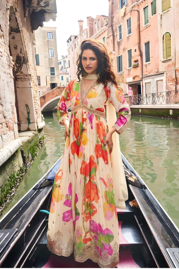 Elegant Cream Floral Printed Embroidered Chinon Silk Gown with Dupatta