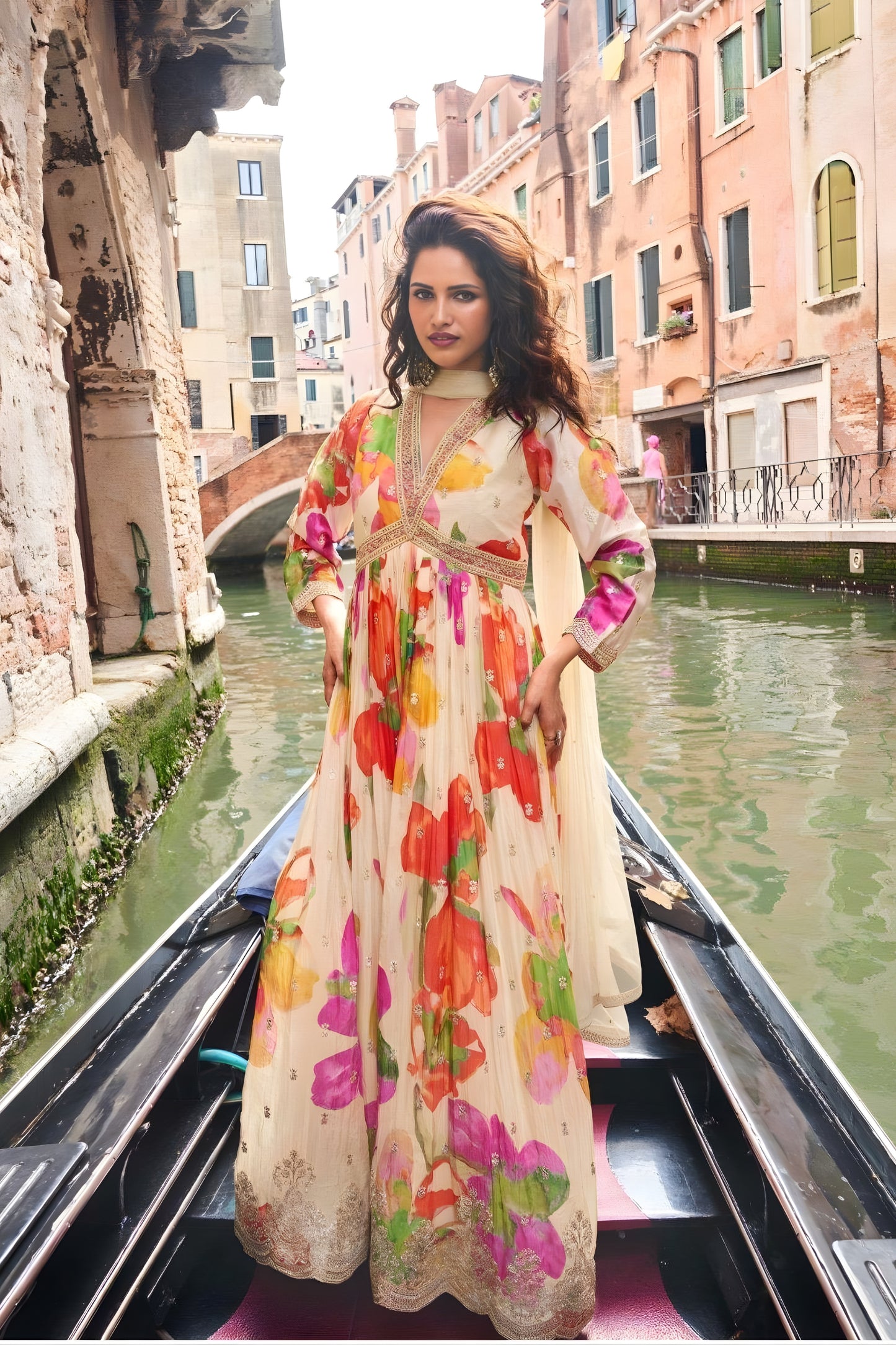 Elegant Cream Floral Printed Embroidered Chinon Silk Gown with Dupatta