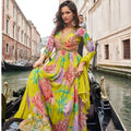 Stunning Yellow Floral Printed Embroidered Chinon Silk Gown with Dupatta