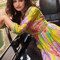 Stunning Yellow Floral Printed Embroidered Chinon Silk Gown with Dupatta