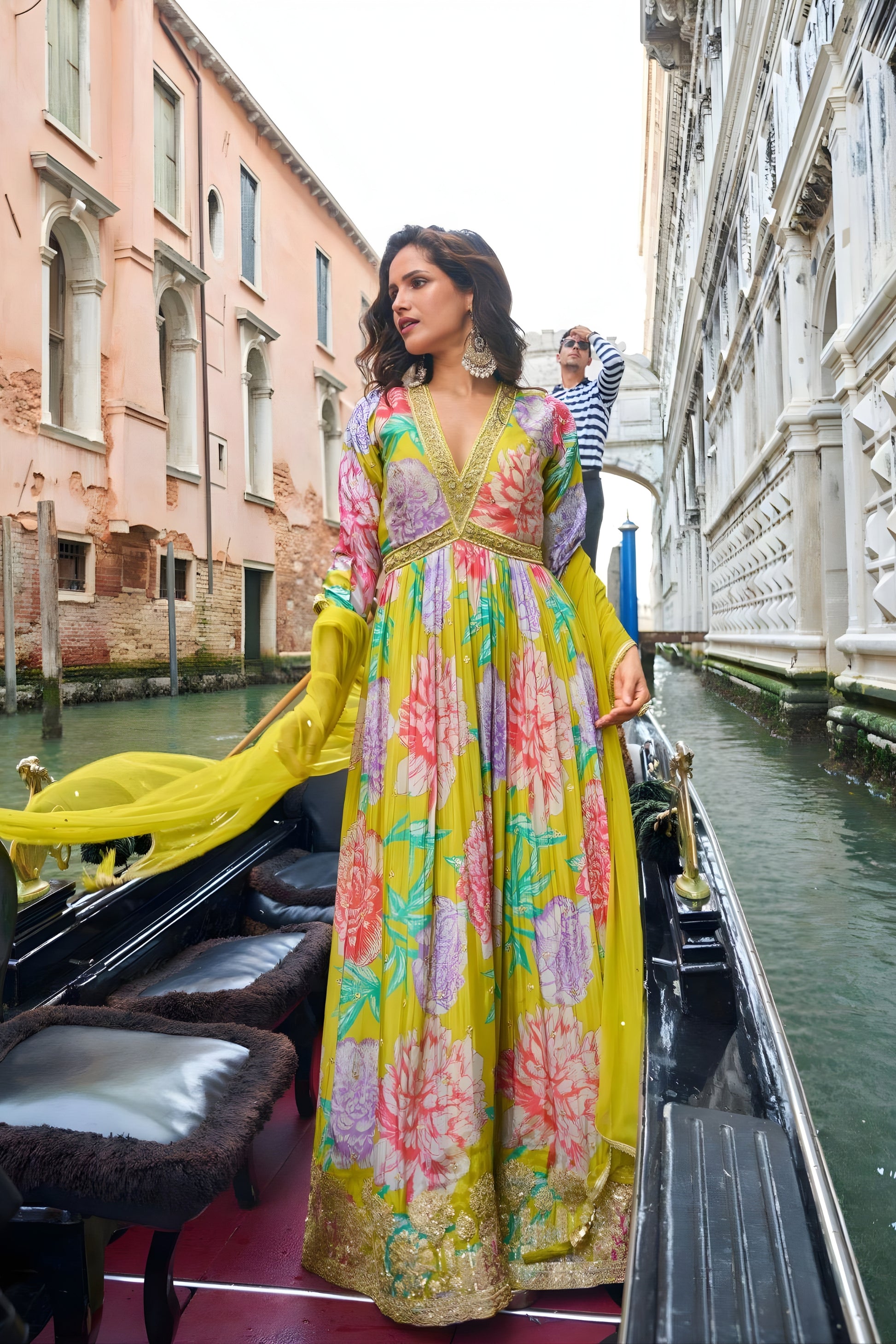 Stunning Yellow Floral Printed Embroidered Chinon Silk Gown with Dupatta