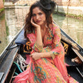Lovely Peach Floral Printed Embroidered Chinon Silk Gown with Dupatta