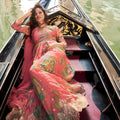 Lovely Peach Floral Printed Embroidered Chinon Silk Gown with Dupatta