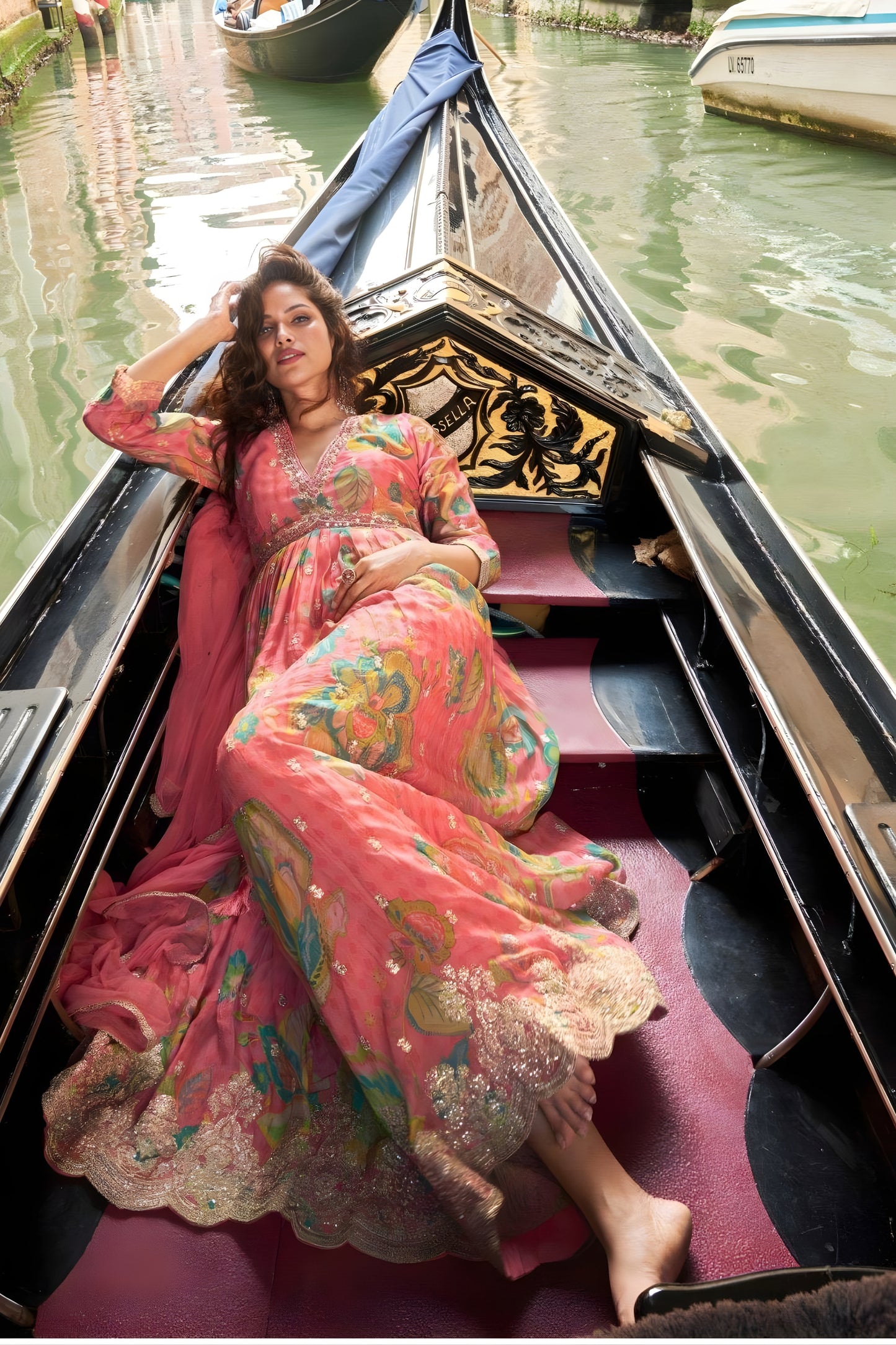 Lovely Peach Floral Printed Embroidered Chinon Silk Gown with Dupatta