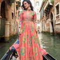 Lovely Peach Floral Printed Embroidered Chinon Silk Gown with Dupatta