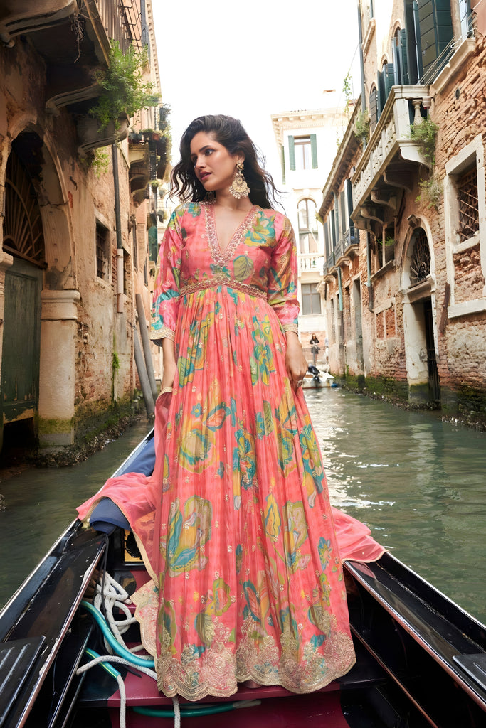 Lovely Peach Floral Printed Embroidered Chinon Silk Gown with Dupatta