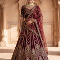 Luxury Maroon Velvet Designer Lehenga Choli with Embroidery Work and Designer Dupatta