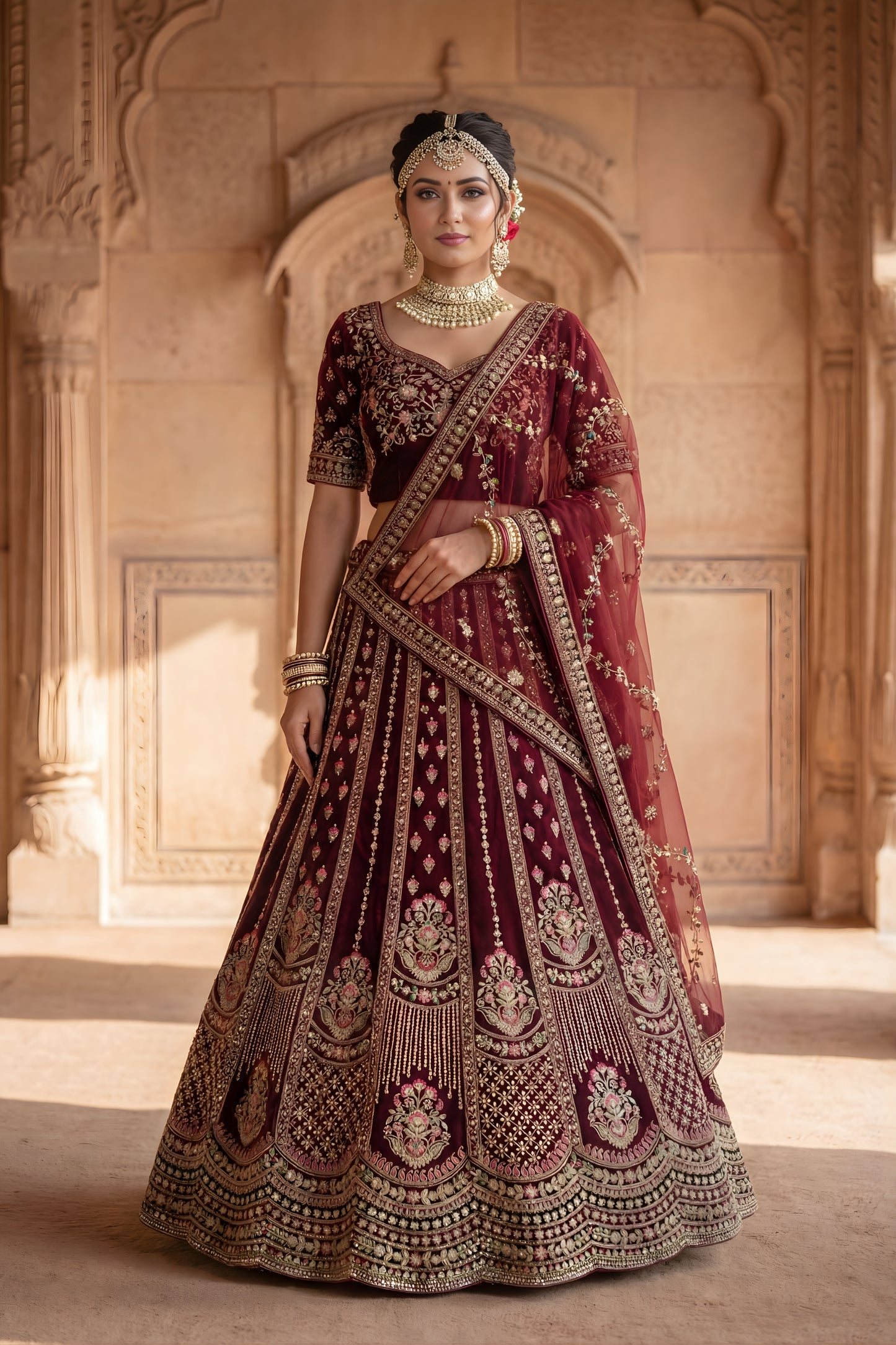 Luxury Maroon Velvet Designer Lehenga Choli with Embroidery Work and Designer Dupatta