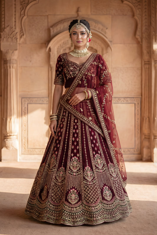 Luxury Maroon Velvet Designer Lehenga Choli with Embroidery Work and Designer Dupatta