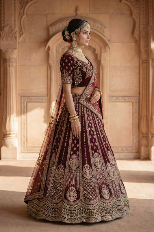 Luxury Maroon Velvet Designer Lehenga Choli with Embroidery Work and Designer Dupatta