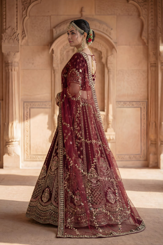 Luxury Maroon Velvet Designer Lehenga Choli with Embroidery Work and Designer Dupatta
