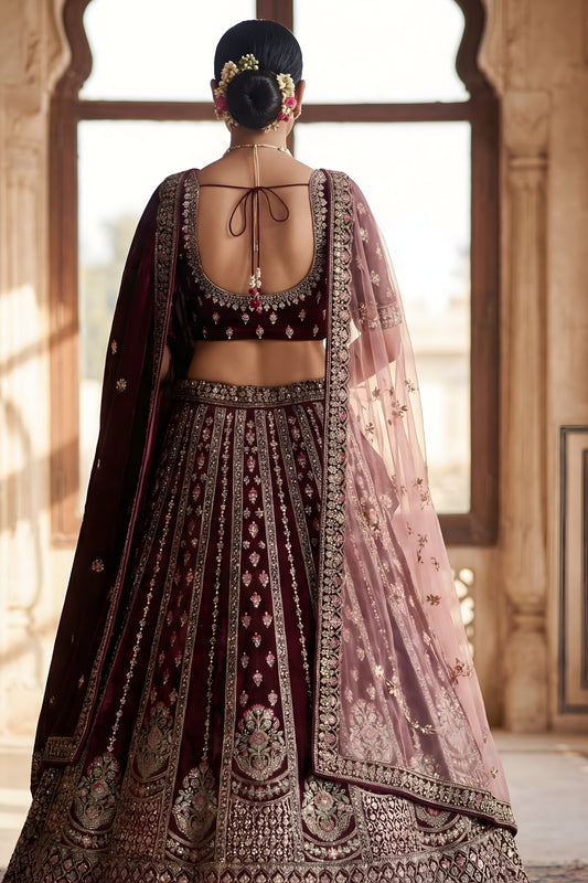 Luxury Maroon Velvet Designer Lehenga Choli with Embroidery Work and Designer Dupatta