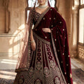 Luxury Maroon Velvet Designer Lehenga Choli with Embroidery Work and Designer Dupatta