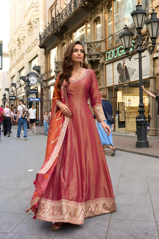 Elegant Maroon Viscose Jacquard Silk Embroidered Gown with Dupatta