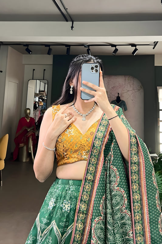 Awesome Bottle Green Floral Printed Vaishali Silk Lehenga Choli with Designer Dupatta for Wedding