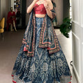 Designer Teal Blue Floral Printed Lehenga Choli with Contrast Dupatta for Wedding