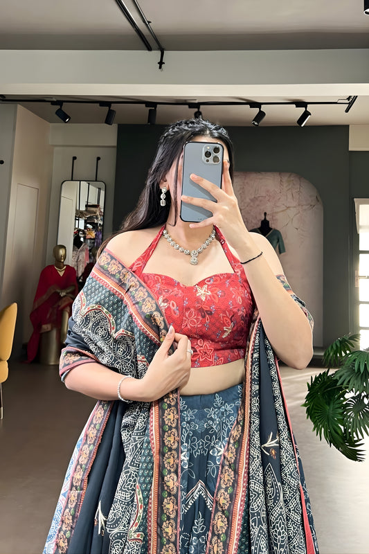 Designer Teal Blue Floral Printed Lehenga Choli with Contrast Dupatta for Wedding