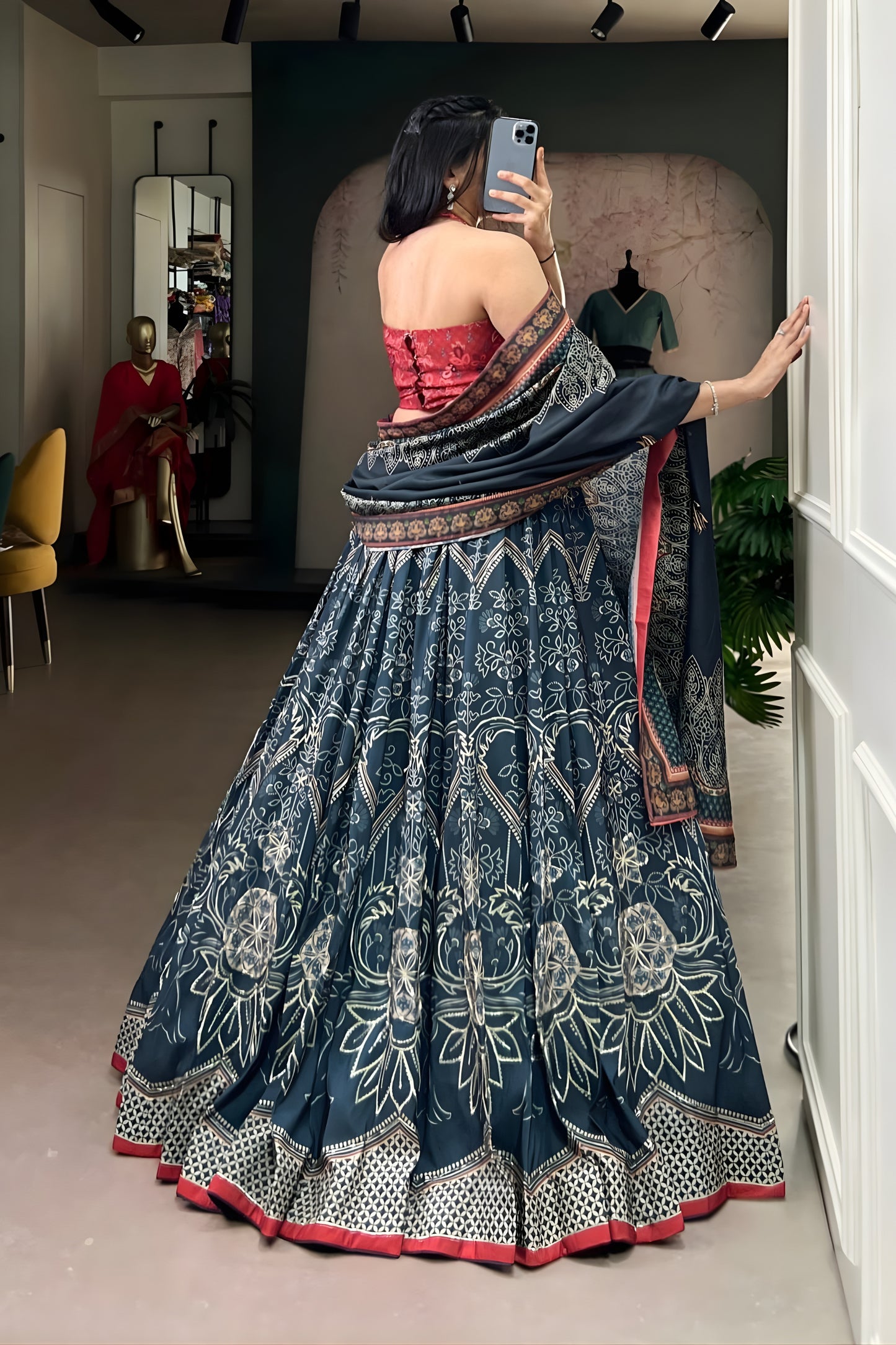 Designer Teal Blue Floral Printed Lehenga Choli with Contrast Dupatta for Wedding