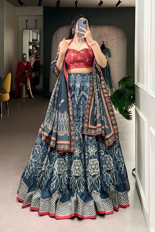 Designer Teal Blue Floral Printed Lehenga Choli with Contrast Dupatta for Wedding