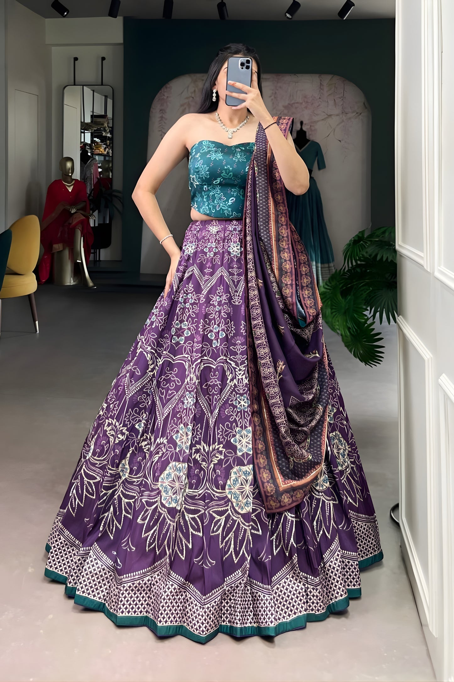 Wonderful Purple Floral Printed Lehenga Choli with Contrast Dupatta for Wedding
