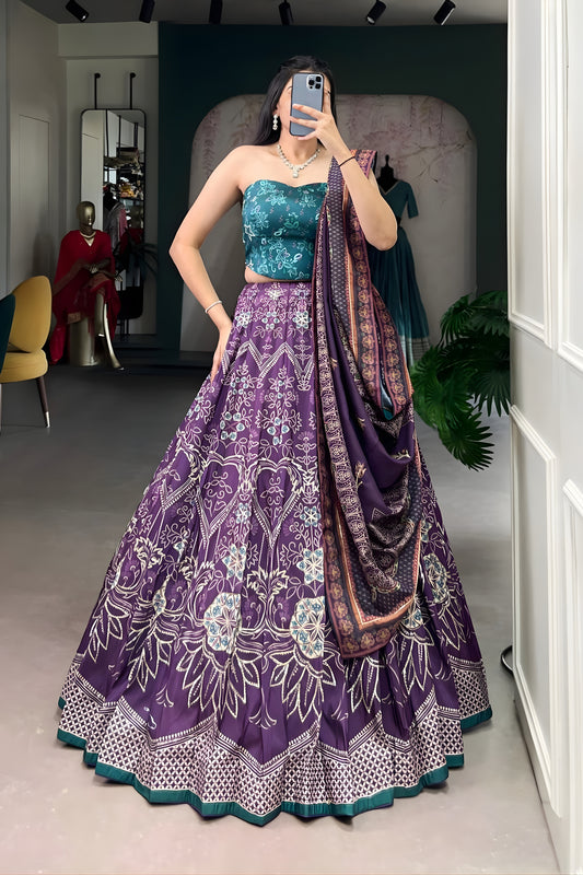 Wonderful Purple Floral Printed Lehenga Choli with Contrast Dupatta for Wedding
