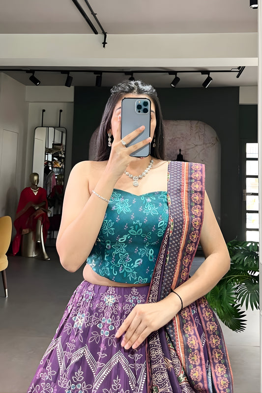 Wonderful Purple Floral Printed Lehenga Choli with Contrast Dupatta for Wedding