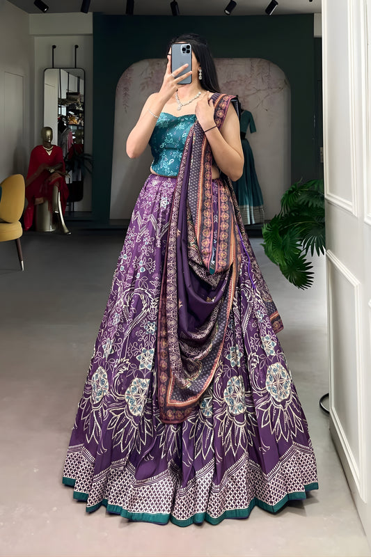 Wonderful Purple Floral Printed Lehenga Choli with Contrast Dupatta for Wedding