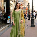 Fancy Olive Green Viscose Jacquard Silk Embroidered Gown with Dupatta for Women