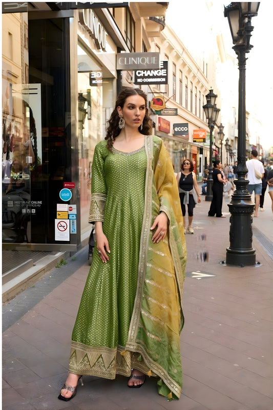 Fancy Olive Green Viscose Jacquard Silk Embroidered Gown with Dupatta for Women