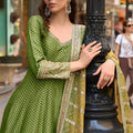Fancy Olive Green Viscose Jacquard Silk Embroidered Gown with Dupatta for Women