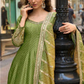 Fancy Olive Green Viscose Jacquard Silk Embroidered Gown with Dupatta for Women