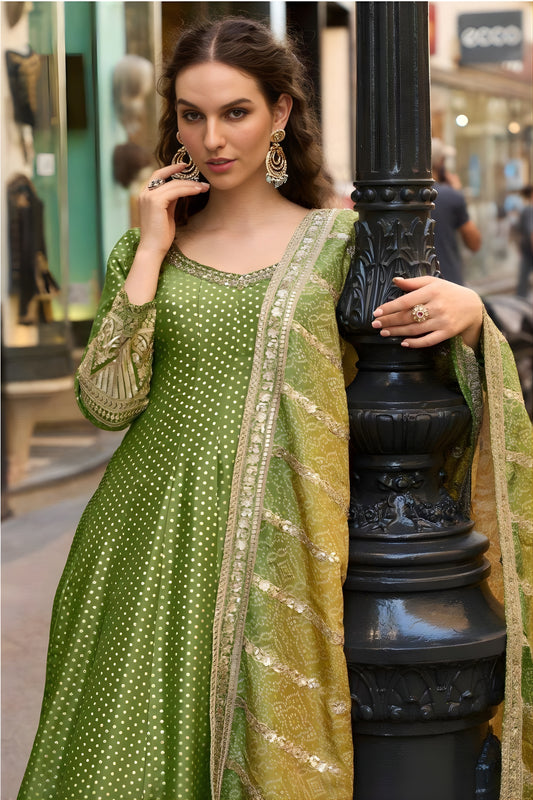 Fancy Olive Green Viscose Jacquard Silk Embroidered Gown with Dupatta for Women