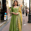 Fancy Olive Green Viscose Jacquard Silk Embroidered Gown with Dupatta for Women