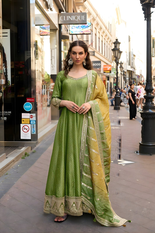 Fancy Olive Green Viscose Jacquard Silk Embroidered Gown with Dupatta for Women